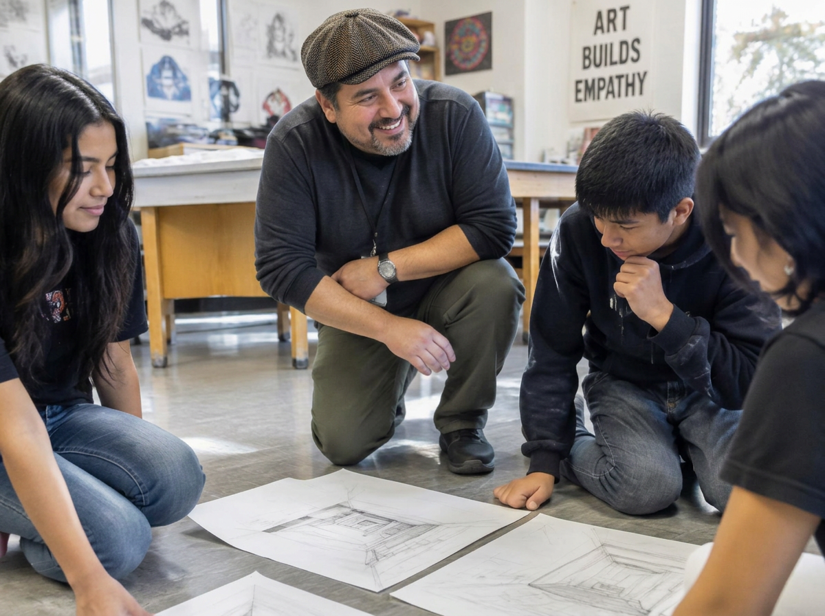 An art teacher reviewing perspective drawings with his students