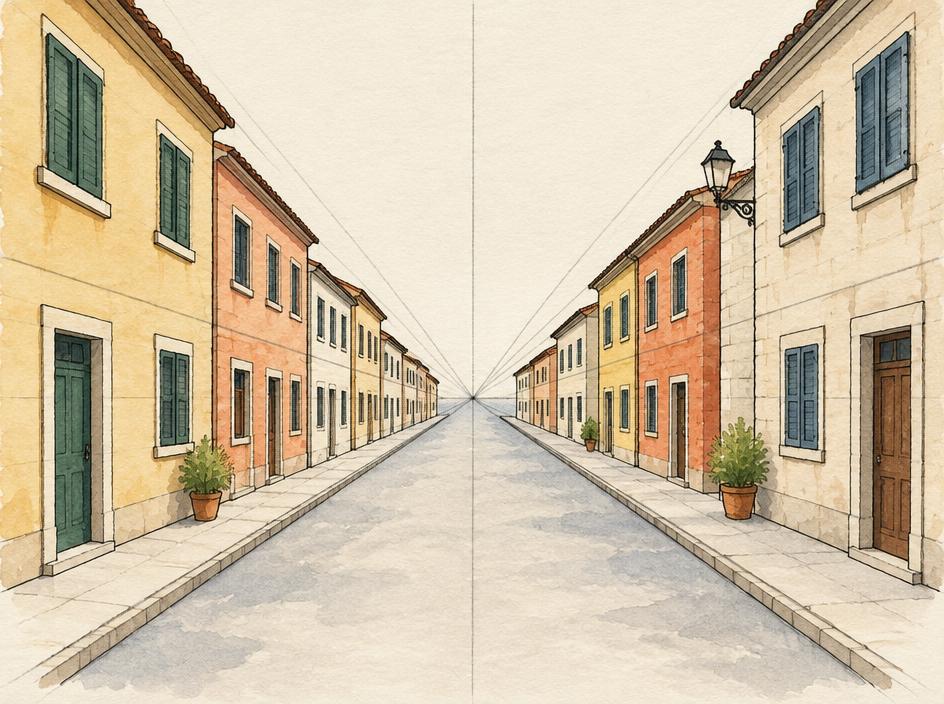 Watercolor one-point perspective street drawing